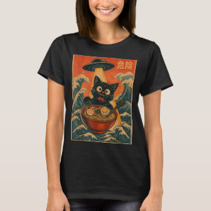 Zwarte Kat Ramen Alien Ufo Grappig Japans Kawaii A T-shirt