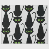 Zwarte Kat Retro Groenogige Halloween Silhouet Cadeaupapier (Vlak)