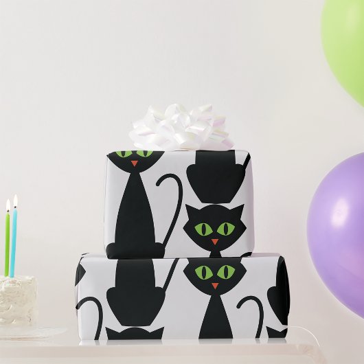 Zwarte Kat Retro Groenogige Halloween Silhouet Cadeaupapier