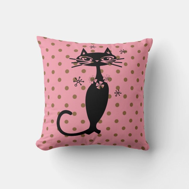 ZWARTE KAT RETRO ROZE POLKA DOT KUSSEN (Voorkant)
