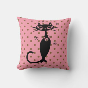ZWARTE KAT RETRO ROZE STIP KUSSEN