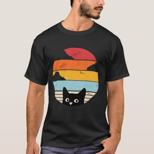 Zwarte kat retro zonsondergang  t-shirt (Voorkant)