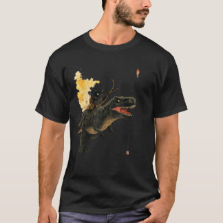 Zwarte kat rijdt op een dinosaurus die pijlen wegs t-shirt