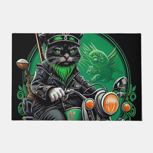 Zwarte kat rijdt op fiets St. Patrick's Day Deurmat (Voorkant)