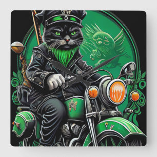 Zwarte kat rijdt op fiets St. Patrick's Day Vierkante Klok