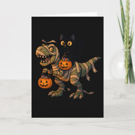 Zwarte Kat rijdt op Mummie T-Rex – Schattige Hallo Kaart