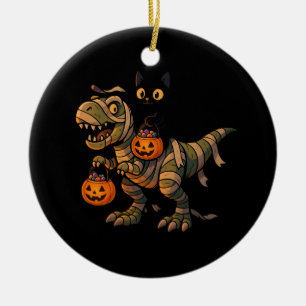 Zwarte Kat rijdt op Mummie T-Rex – Schattige Hallo Keramisch Ornament