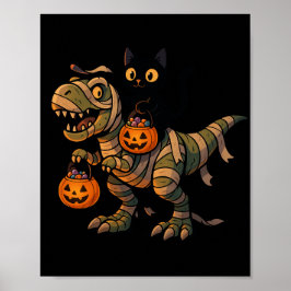 Zwarte Kat rijdt op Mummie T-Rex – Schattige Hallo Poster