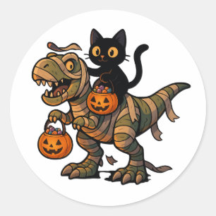 Zwarte Kat rijdt op Mummie T-Rex – Schattige Hallo Ronde Sticker