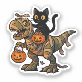 Zwarte Kat rijdt op Mummie T-Rex – Schattige Hallo Sticker