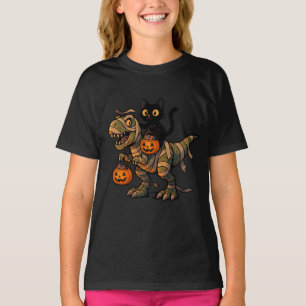 Zwarte Kat rijdt op Mummie T-Rex – Schattige Hallo T-shirt