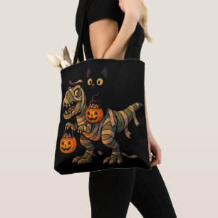 Zwarte Kat rijdt op Mummie T-Rex – Schattige Hallo Tote Bag