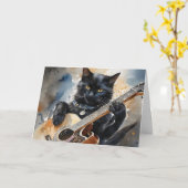 Zwarte kat rockster speelt akoestische gitaar blan kaart (Gele Bloem)