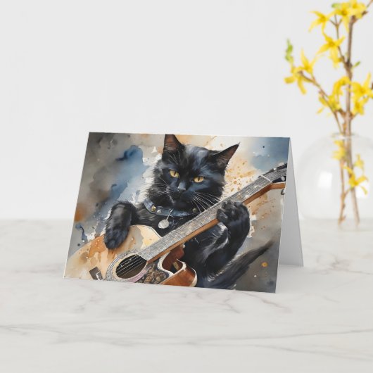 Zwarte kat rockster speelt akoestische gitaar blan kaart (Gele Bloem)