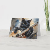 Zwarte kat rockster speelt akoestische gitaar blan kaart (Voorkant)