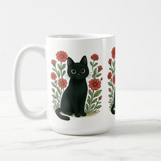 Zwarte Kat & Rode Bloemen Mok (Links)