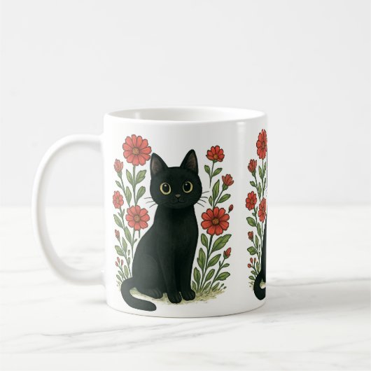 Zwarte Kat & Rode Bloemen Mok (Links)