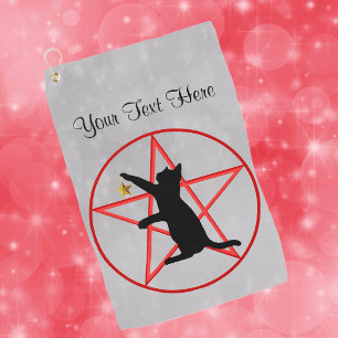 Zwarte Kat Rode Pentagram Hekserij Symbolen op Gri Golfhanddoek