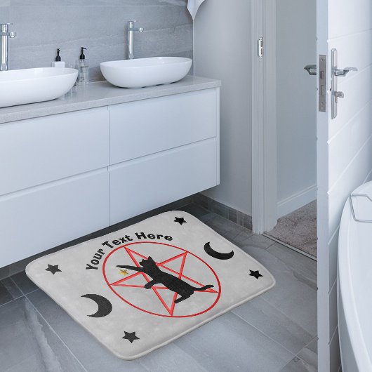 Zwarte Kat Rode Pentagram Sterren Manen Grijs Badmat