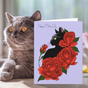 Zwarte Kat Rode Rozen Lavendel Moederdag Kaart
