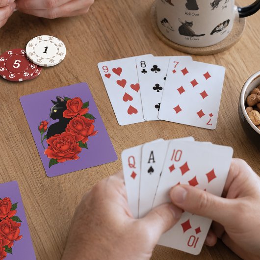 Zwarte Kat Rode Rozen Paars Pokerkaarten