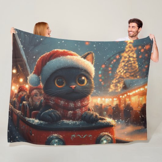 Zwarte Kat Roller Coaster Kerstman Fleece Deken (In situ)
