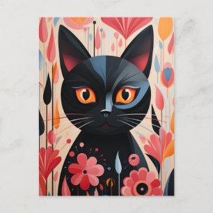 Zwarte kat roze bloemen briefkaart