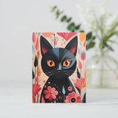 Zwarte kat roze bloemen briefkaart (Staand voorkant)
