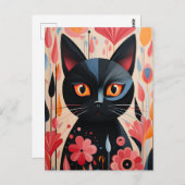 Zwarte kat roze bloemen briefkaart (Voorkant / Achterkant)