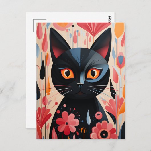 Zwarte kat roze bloemen briefkaart (Voorkant / Achterkant)