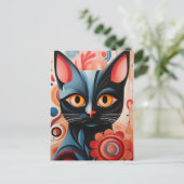 Zwarte kat roze bloemen briefkaart (Staand voorkant)