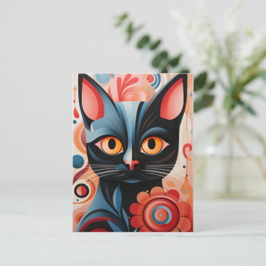 Zwarte kat roze bloemen briefkaart (Staand voorkant)