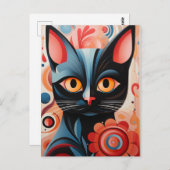 Zwarte kat roze bloemen briefkaart (Voorkant / Achterkant)