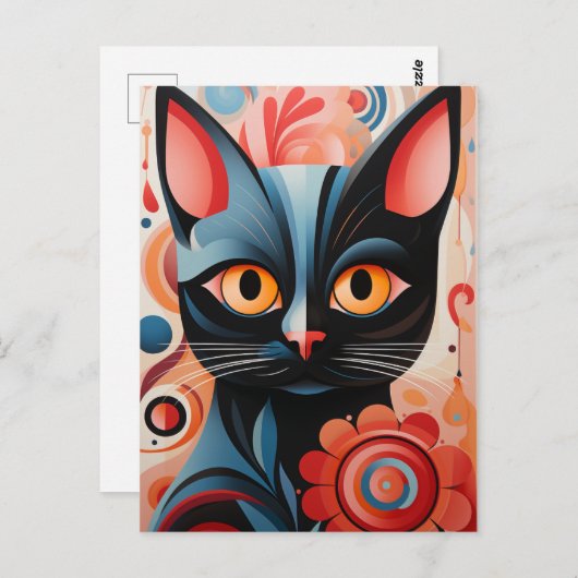 Zwarte kat roze bloemen briefkaart (Voorkant / Achterkant)