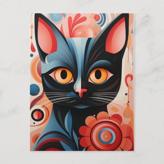 Zwarte kat roze bloemen briefkaart (Voorkant)