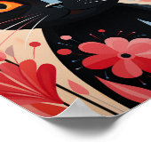 Zwarte kat roze bloemen poster (Hoek)