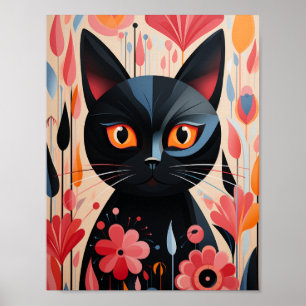 Zwarte kat roze bloemen poster