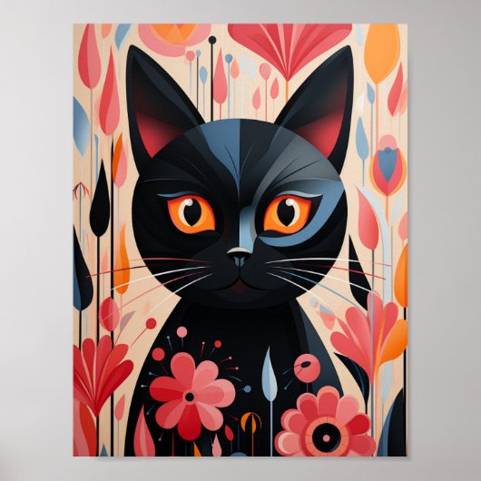 Zwarte kat roze bloemen poster (Voorkant)