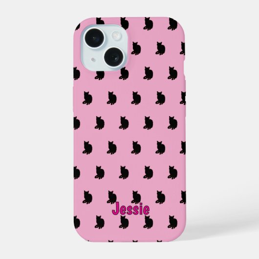 Zwarte kat (roze) iPhone 15 case (Achterkant)