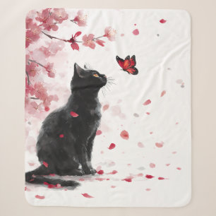Zwarte Kat - Roze Kersenbloesems met Vlinder Sherpa Deken