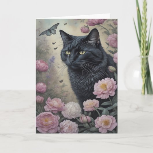Zwarte kat roze pioenrozen bloemen bloemenpracht bedankkaart (Voorkant)