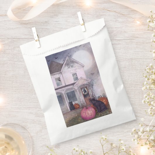 Zwarte kat roze pompoen & spookhuis Halloween Bedankzakje (Geknipt)