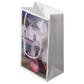 Zwarte kat roze pompoen & spookhuis Halloween Klein Cadeauzakje (Voorkant Gekanteld)