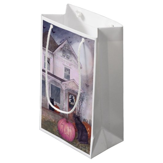 Zwarte kat roze pompoen & spookhuis Halloween Klein Cadeauzakje (Voorkant Gekanteld)