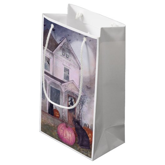 Zwarte kat roze pompoen & spookhuis Halloween Klein Cadeauzakje (Achterkant Gekanteld)