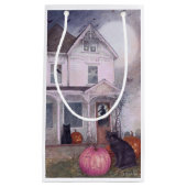 Zwarte kat roze pompoen & spookhuis Halloween Klein Cadeauzakje (Voorkant)