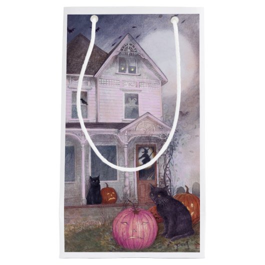 Zwarte kat roze pompoen & spookhuis Halloween Klein Cadeauzakje (Voorkant)