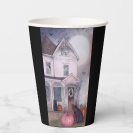 Zwarte kat roze pompoen & spookhuis Halloween Papieren Bekers