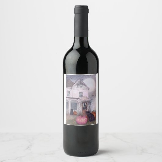 Zwarte kat roze pompoen & spookhuis Halloween Wijn Etiket (Voorkant)