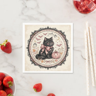 Zwarte Kat Roze Strik Halloween Gotische Pompoen C Servet